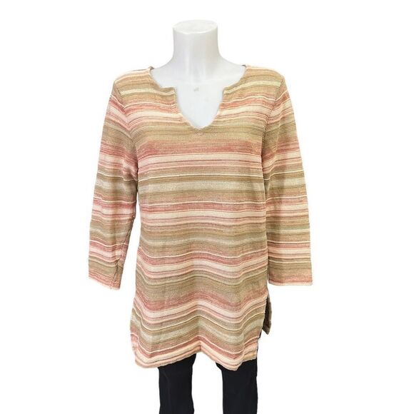 Lauren Ralph Lauren Striped Orange Linen Cotton Knit Tunic Sweater 3/4 sleeve M - Picture 1 of 9